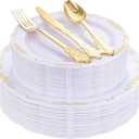 DaYammi 150Pcs White Gold Plastic Plates & Plastic Silverware, Gold Disposable Plates for Party Include 30 Dinner Plate, 30 Dessert Plate, 30 Knives, 30 Forks, 30 Spoons for Wedding