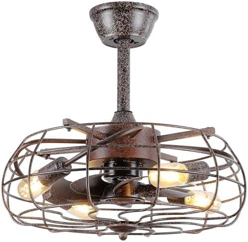 Asyko 20'' Caged Ceiling Fans with Lights, Farmhouse Bladeless Ceiling Fan with Remote Control, Rustic Vintage Industrial Ceiling Fan Light Kit for Indoor/Outdoor, Rust Color