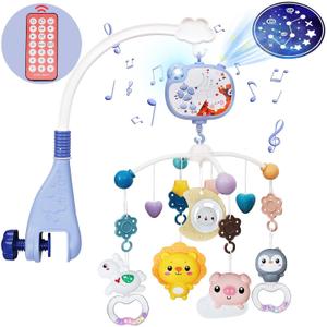 Baby Mobiles for Cribs, Crib Mobile with Music and Lights, Nursery Musical Mobile for Bassinets Hanging Toys with Remote Control, Rotation, Projection, Animal Mobile Arm Clip On for Infant Boys Girls (Blue)