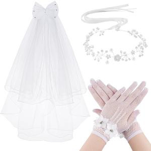 3 Pcs First Communion Veil Set Gloves Headpiece for Girls 1st Holy Communion Accessories for Wedding Party Costume