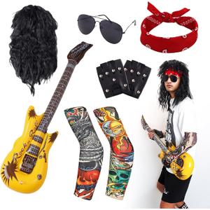 Halloween 80s Rocker Costume Set for Men Hippie Wig Tattoo Sleeve Gloves Headband Inflatable Guitar Punk Props Accessories(red)