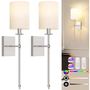 24.8 Inch Battery Operated Wall Sconces Set of 2 with Remote, Brushed Nickel Rechargeable Wireless Wall Lights with White Fabric Shade, Cordless Wall Lamps with Dimmable Detachable Bulbs for Bedroom