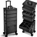 5 in 1 Makeup Train Case, Cosmetology Case on Wheels Travel Make up Case Rolling Nail Cart Makeup Organizer Cosmetic Storage Box Cases Extra Large Trolley Truck with 360 Swivel Wheels, Black