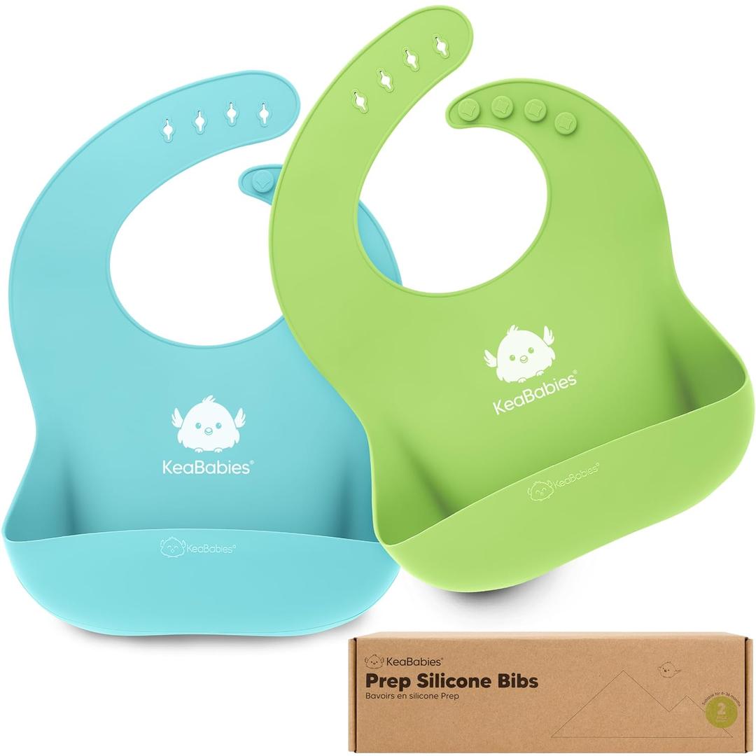 KeaBabies 2Pack Silicone Baby Bibs for Eating  Sturdy FoodGrade Silicone Bibs for Babies Girl, Boy, Large Food Catcher, Clean & Put On Easily, Waterproof Toddler Feeding Essentials (Slate)