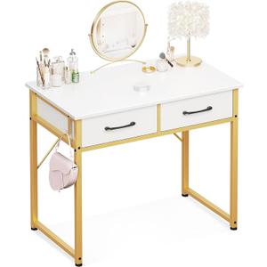 ODK Makeup Vanity Desk with 2 Fabirc Drawers, 32 Inch Small White Dressing Vanity Table with Versatile Hook for Bedroom Without Mirror, Desk Make Up for Girls, White and Gold (White + Gold Leg)
