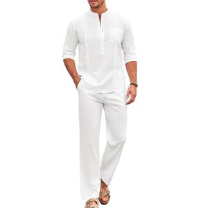 COOFANDY Men's 2 Piece Cotton Linen Sets Casual Long Sleeve Henley Shirts Yoga Pants Set Beach Cuban Outfits size 4xl