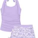 Girls Swimsuit 2 Piece Halterneck Girls Tankini Swimsuit Drawstring Printed Swim Shorts Girl Bathing Suit for 7-18T (Purple)