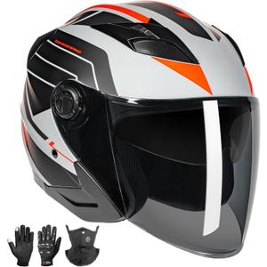 Open Face 3/4 Motorcycle Helmets for Adult Men Women, DOT Approved Dual Visor Street Bike Racing Helmet, Motorbike ATV Moped Cruiser Helmet with Gloves & Mask (Matte Gray Red, M)