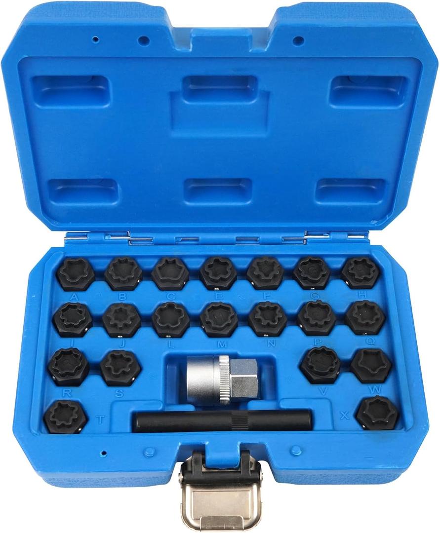 BHB 22PCS Wheel Locking Nut Key Removal Tool Kit Wheel Anti-Theft Lock Lug Nut Screw Remover Set with Punch and 1/2 Inch Driver Scoket Adaptor Compatible with Audi