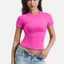YEOREO Women Fitted Workout Tops Short Sleeve Double Lined Basic Y2K Going Out Crew Neck Compression Crop Top (Pink, M)