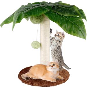 Small Cat Scratching Post for Kitten Cute Cat Scratcher with Nature Sisal Rope Coconut Tree for Indoor Cats Kittens with 3 Elastic Balls Balls Large 3D Green Leaves for Small Cats