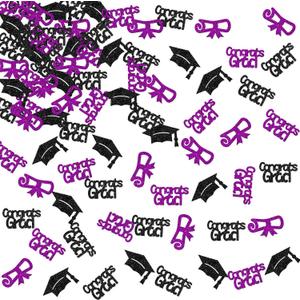 Graduation Party Confetti Decorations, Black and Purple Glitter, Congrats Grad and Cap Design, for 2025 Graduation Party Supplies