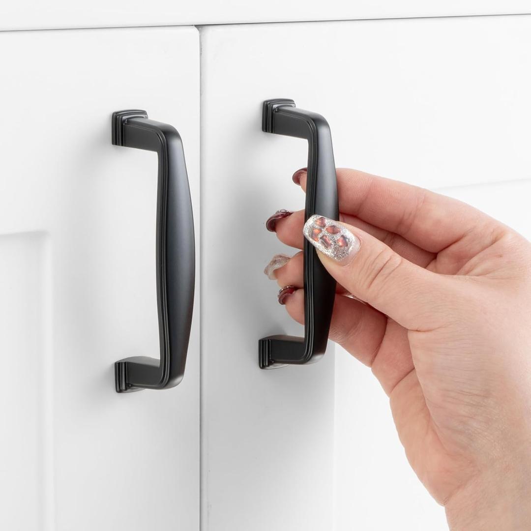 3 Inch Hole Centers, Black Stepped Kitchen Cabinet Pull Handle ZP2402 | Pack of 10, Solid Hardware for Drawer, Dresser, Bathroom, Vanity, Furniture Door, Cupboard, Bedroom, 3"