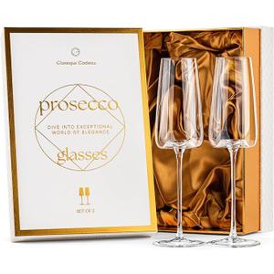 GLASSIQUE CADEAU Crystal Prosecco, Cava and Champagne Cocktail Glasses | Set of 2 | Long Stemmed Flutes for Mimosa, Bellini, Hugo, Sparkling Wine | Elegant Gift Glassware for Her Birthday, Anniversary