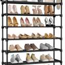 LANTEFUL 6 Tier Shoe Rack for Closet Shoe Organizer with 5 Hooks, Long Shoe Shelf Storage for Shoe and Boot Stackable Free Standing Shoe Rack for Entryway, Garage, Small Spaces, Dorm, Black