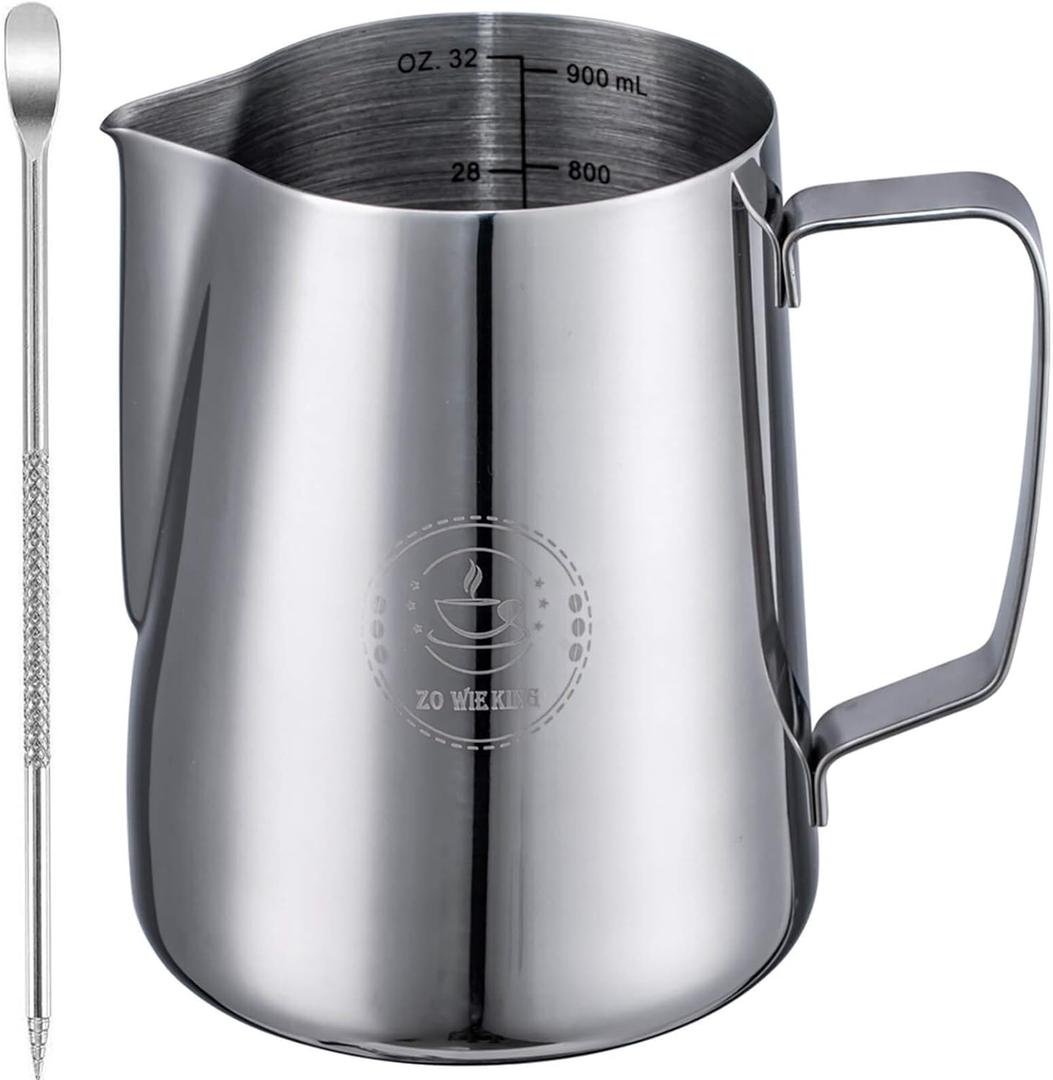 Milk Frothing Pitcher 32oz,Espresso Steaming Pitchers 900ml,Espresso Machine Accessories, Milk Frother Cup 32 Oz, Coffee Cappuccino Latte Art, Stainless Steel Jug