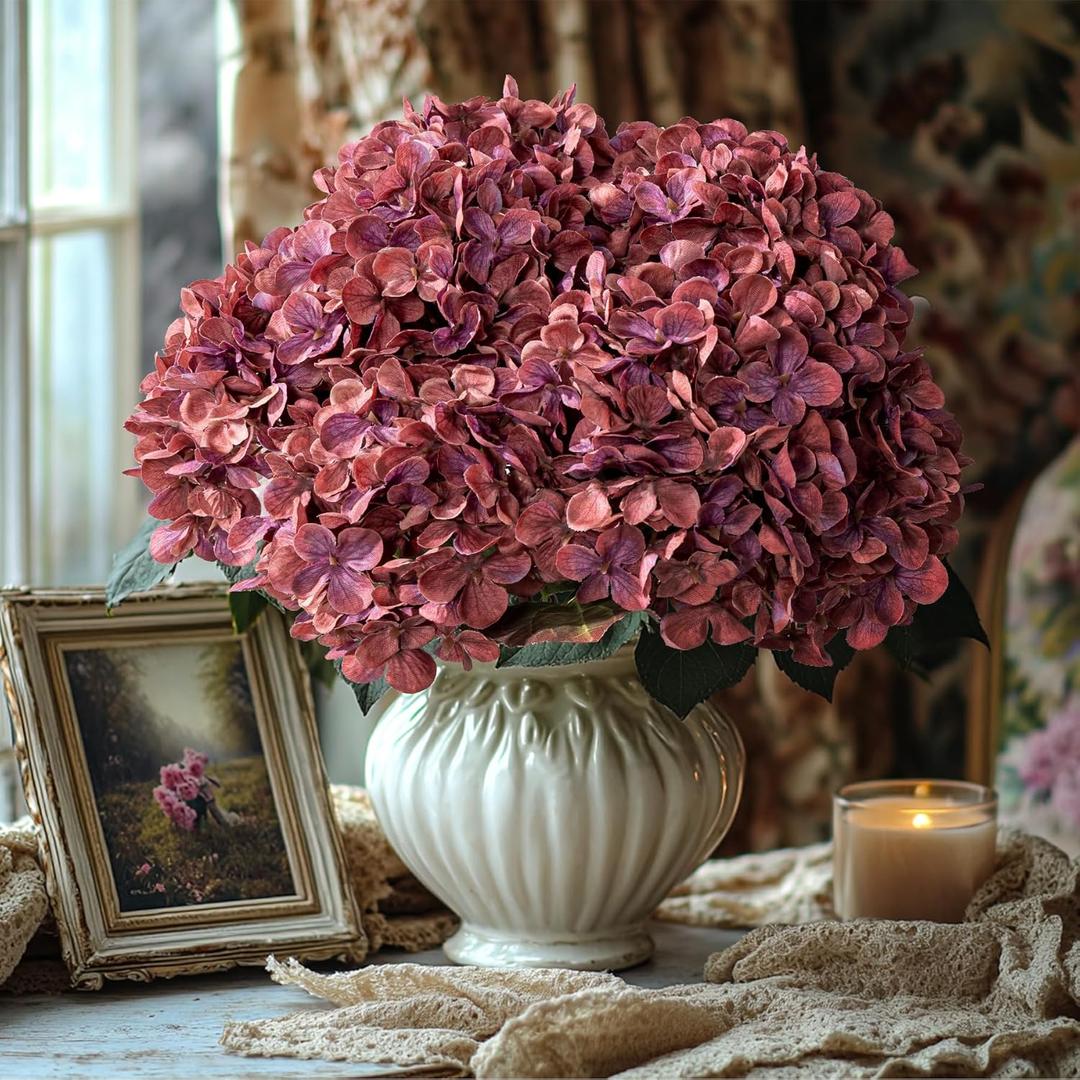 Artificial Flower Fake Silk Hydrangea Heads Bouquet with Stems Bulk for Fall Decoration Table Center Christmas Indoor Outdoor Faux Floral Realistic with Leaves Plants Crafts 8PCS(Rose red)