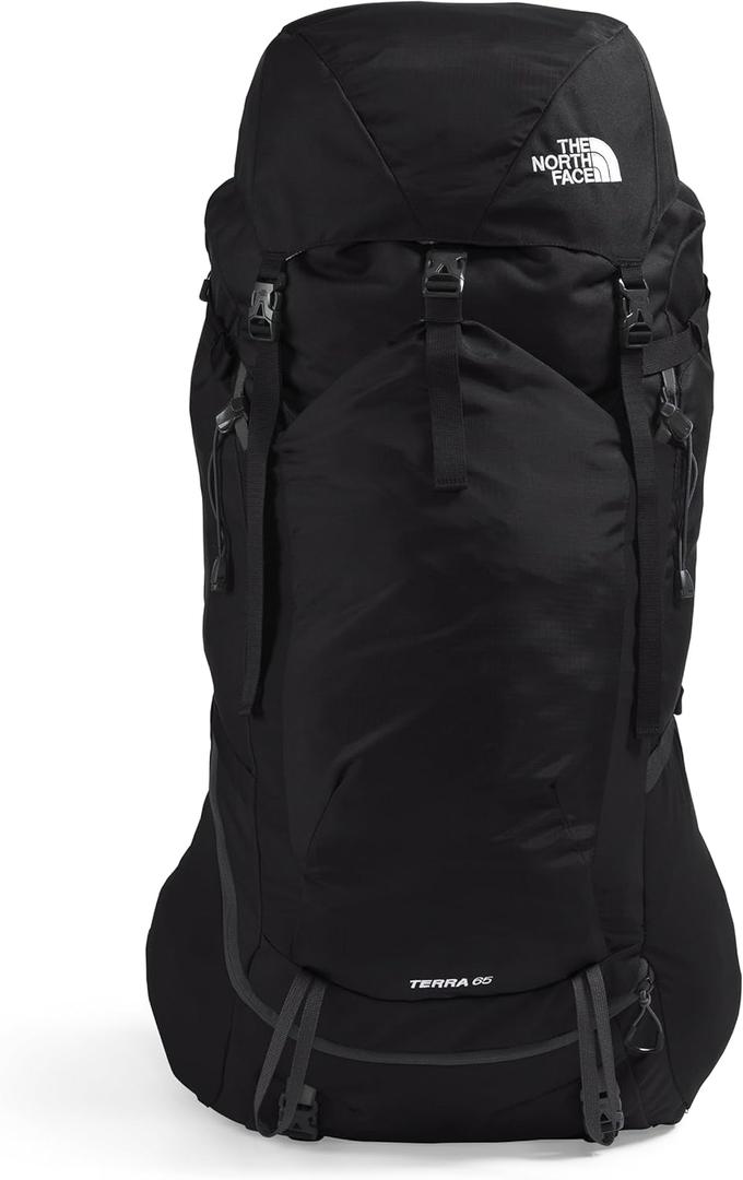 THE NORTH FACE Terra 65 Backpack | Unisex Hiking Pack, Cinch-Top Opening with Zipper Access, Padded Hipbelt, Pole & Ice Axe Attachments, TNF Black/Asphalt Grey-NPF, Small/Medium