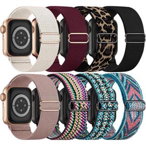 8 Pack Stretchy Solo Loop Band Compatible with Apple Watch Bands for Women Men 40mm 38mm 41mm 42mm 44mm 45mm 46mm 49mm, Nylon Braided Strap for iWatch Series 11 10 9 8 7 6 SE 5 4 3 Ultra 3 Ultra 2 (Black/Pink/Red/Starlight/Boho Green/Green Arrow/Boho Rainbow/Yellow Leopard)