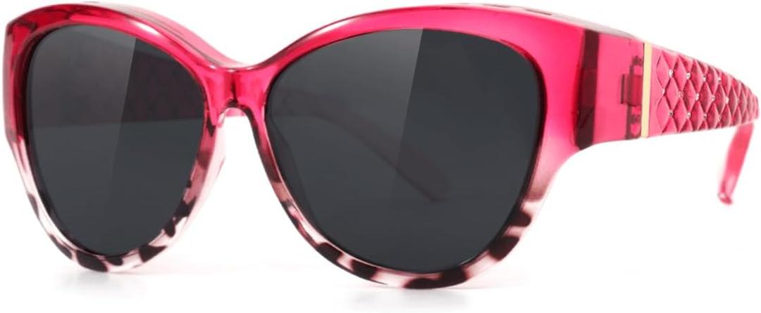 Meeloog Women Polarized Sunglasses Covers for Glasses, Wrap Around Cat Eye Sun Glasses Fit Go Over Shades for Driving MST6409 (P1 Red Leopard Frame/Dark Grey Lens)