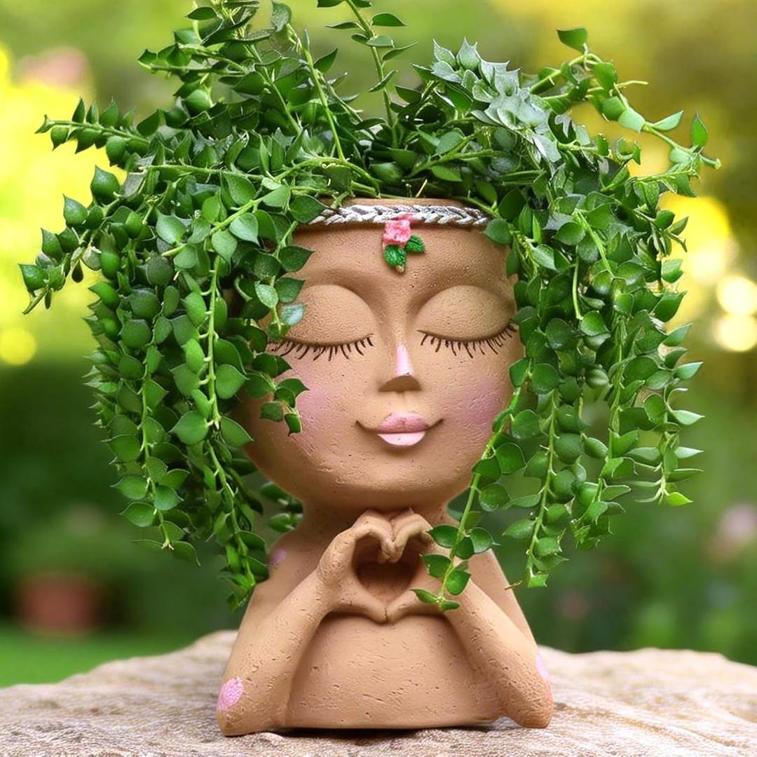 Face Planter Pot with Heart Hands, Resin Head Planter for Indoor Plants, Cute Succulent Pots with Drainage Hole, Gardening Gifts for Women Mom Teacher, 7.3" Home Decor (Brown)