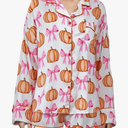 Women's Halloween Pajamas Set Silk Satin Ghost Pumpkin Print Long Sleeve Button Down Shirt 2 Piece Pjs Shorts Sets Size XL