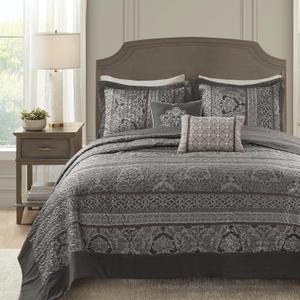 Madison Park Traditional Damask Design All Season, Lightweight Coverlet Bedspread Bedding Set, Matching Shams, Pillows, (120"x118"), Bellagio, Jacquard Grey, 5 Piece (Oversized King)