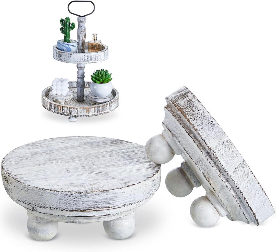 Yalikop Set of 2 Mini Wood Risers for Decor Round Wooden Riser Small Wooden Stool Display Stand Farmhouse Rustic Wood Pedestal for Plant Pot Tiered Tray Decor Cake Food Collection Display(White)