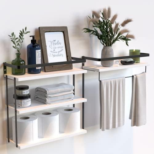 RICHER HOUSE 3+1 Tier Wall Mounted Floating Shelves Set of 2, Rustic Wood Wall Shelf with Metal Frame, Extra Storage Rack for Bathroom, Kitchen, Bedroom with Tissue Rack & Towel Bar - White