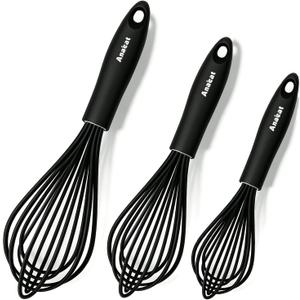 Anaeat Silicone Balloon Whisk, Perfect for Non-Stick Cookware, Milk and Egg Beater Blender, Heat Resistant Kitchen Whisks for Whisking, Cooking, Baking, Beating, Frothing & Stirring (Black) (9+11+12 inch, 3 Pcs Black)