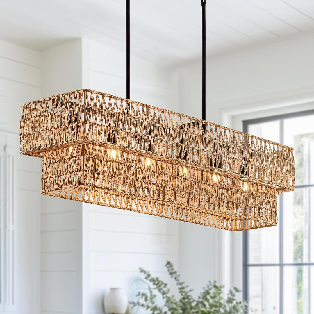 6-Light Boho Rattan Chandeliers for Dining Room, 2 Layer Large Linear Chandelier Rattan Pendant Light Fixture Farmhouse 34 Rectangle Chandelier for Kitchen Island Bar Living Room