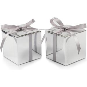COTOPHER 100pcs Wedding Favor Boxes, Paper Gift Boxes 3x3x3 Inches Small Gift Boxes with Ribbons Small Boxes for Gifts, Crafting, Cupcake, Candy, Bridesmaid Proposal Boxes (Metallic Silver)