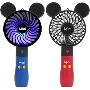 Cute Personal Mini Fan, Handheld & Portable USB Rechargeable Fan with Beautiful LED Light, 3 Adjustable Speeds, Portable Holder, for Indoor Or Outdoor Activities, Cute Mouse (Red+Blue)