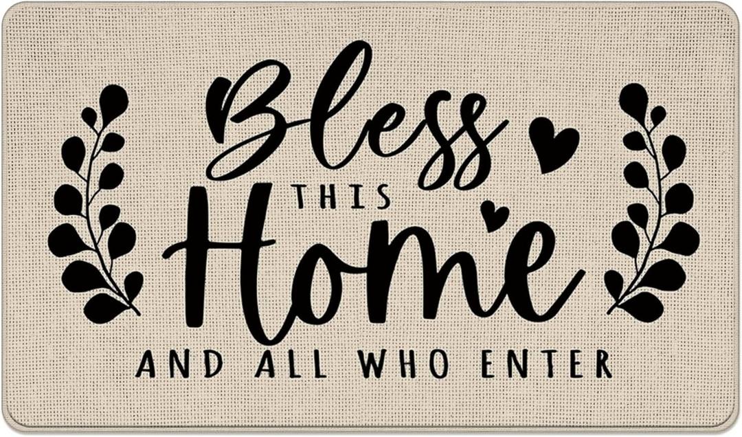 Bless This Home and All Who Enter Decorative Front Door Mat, Farmhouse Welcome Doormat Indoor Outdoor Non-Slip Floor Entryway Rug, Low Profile Rustic Home Kitchen Decoration 17x29 Inches