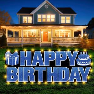 Large Happy Birthday Yard Sign with Stakes,Glow Blue Happy Birthday Decorations Outdoor Lawn Garden Signs with LED Lights for Men Women Boys Girls Birthday Party Supplies Decor Front Home