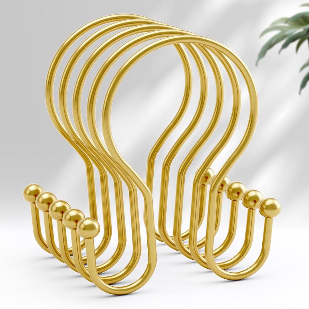 AmazerBath Shower Curtain Hooks, Dark Gold Shower Curtain Rings, Simple Double Hook Shower Curtain Hooks Rust Proof, Metal Smooth Shower Hooks for Shower Curtain Rod, 12 Pcs Shower Rod Hook