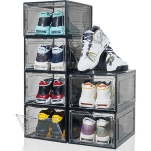 Shoe Organizer Shoe Storage Boxes, 6 Pack Large Drop Front Shoe Boxes with Magnetic Door, Clear Plastic Stackable Shoe Containers (Black)