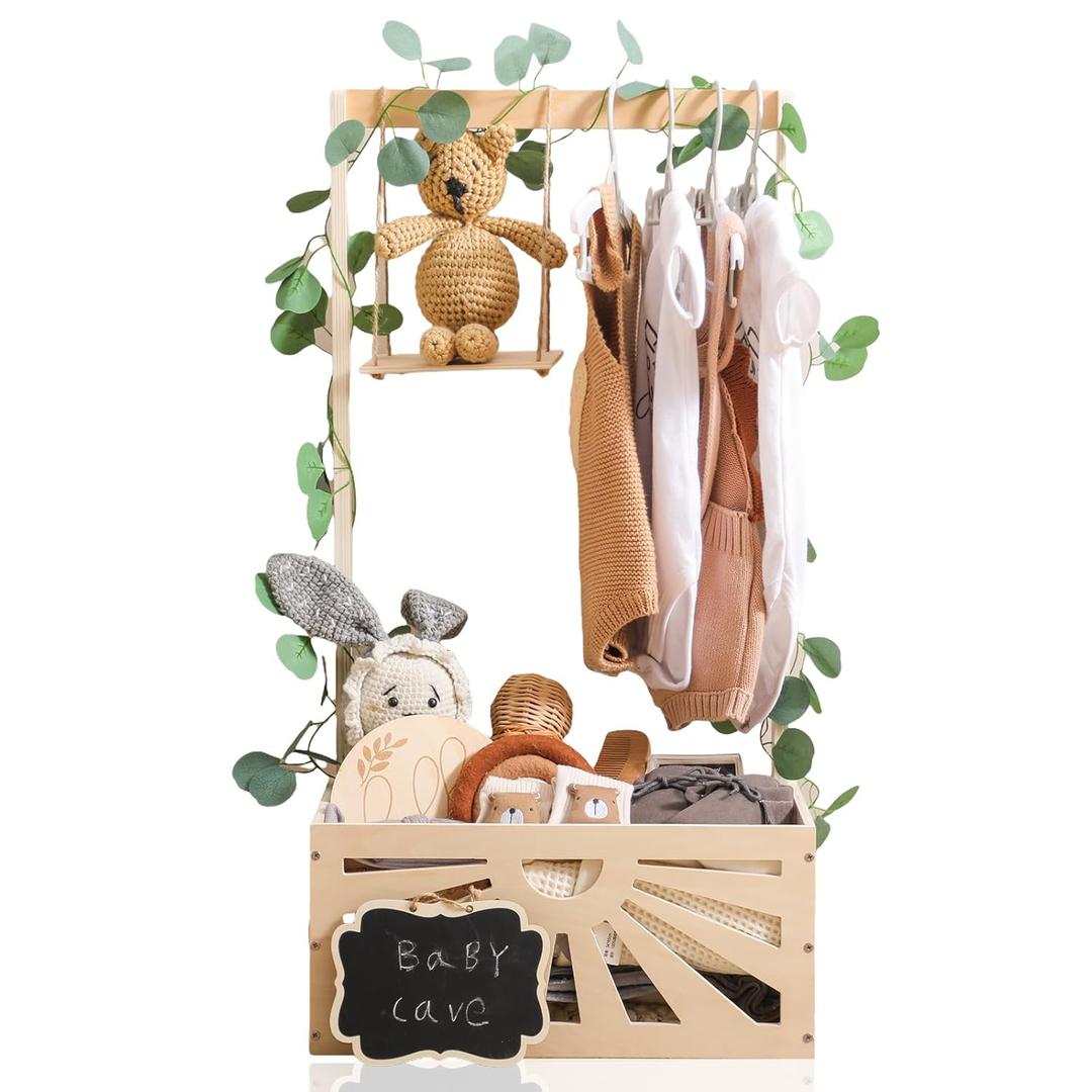 8 in 1 Wooden Baby Shower Crate Closet, Baby Basket with Handle Footprint Kit for Baby Shower Gifts, Baby Shower Wooden Gift Crate, Baby Personailzed Basket for Pregnancy New Parent (Leafy Vine)