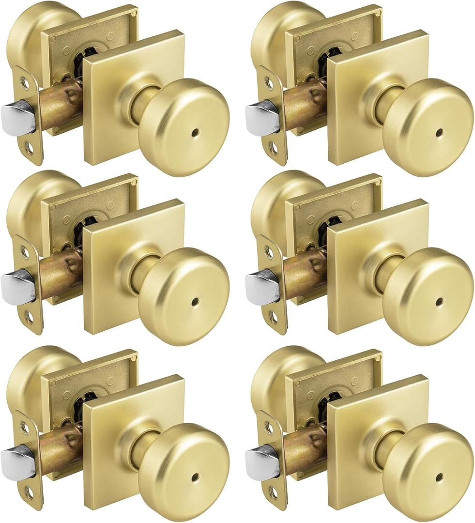 6 Pack Gold Interior Door Knobs for Bath & Bed, Pismo Doorknob Turn Lock with Square Rosette, Satin Brass Heavy Duty Door Knob with Lock