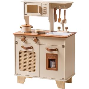 ROBUD Kids Kitchen Playset, Mocha Montessori Wooden Play Kitchen with Ice Dispenser, Pretend Toddlers Kitchen Toy with Accessories, Baby Gift for Ages 3 4 5 6 7 8
