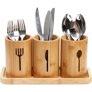 Lyellfe Silverware Holder, Bamboo Utensil Organizer with Tray, Kitchen Cutlery Flatware Holder Organizer for Spoons, Knives and Forks, Ideal for Kitchen and Restaurant