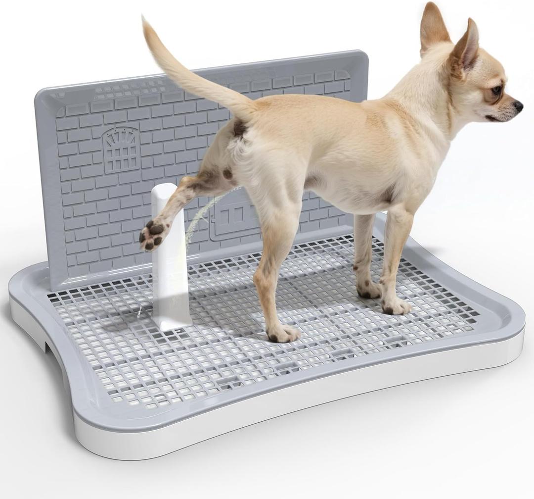 Pee Pad Holder, Indoor Dog Potty for Dogs, Puppy Pad Holder, Puppy Potty Training Tray with Splash Wall & Center Post, 20.1"15.4" (Gray and White)