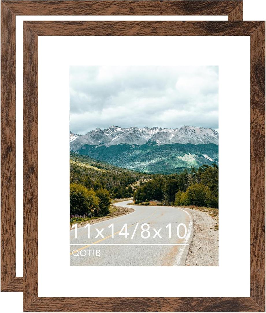 11x14 Picture Frame with 8x10 Mat Deep Brown, Display 8x10 with Mat or 11x14 Without Mat, Wood 11 by 14 Photo Frame, 11 x 14 Frame for Wall Hanging Display, Deep Brown, 2 Pack