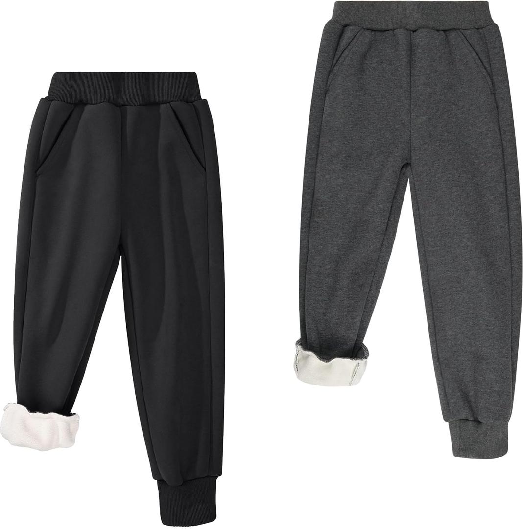BIG ELEPHANT Boys Girls Fleece Lined Sweatpants, Youth Soft Cotton Athletic Jogger, Kids Basic Active Pants with Pockets (Small, Black With Dark Gray 2 Pack)