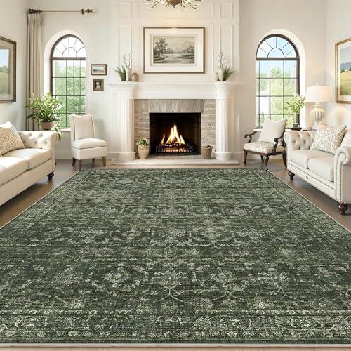 Washable Area Rug 8x10 Green Rugs for Living Room, Vintage Boho Large Rug for Bedroom Dining Room Office, Distressed Floral Print Carpet for Under Table, Soft Non Slip Low Pile Throw Carpet Indoor Mat