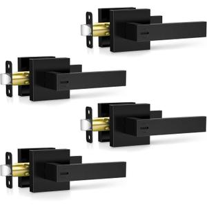 Plustool 4 Pack Matte Black Door Handles, Keyless Interior Door Knobs, Privacy Door Lever Locksets for Bedroom Bathroom, Heavy Duty Square Door Lock, Reversible for Left&Right Handled Doors
