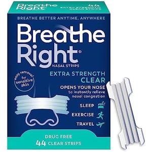 Breathe Right Nasal Strips | Extra Strength | Clear | For Sensitive Skin I Drug-Free Snoring Solution & Nasal Congestion Relief Caused by Colds & Allergies | 43 Count (Packaging May Vary)