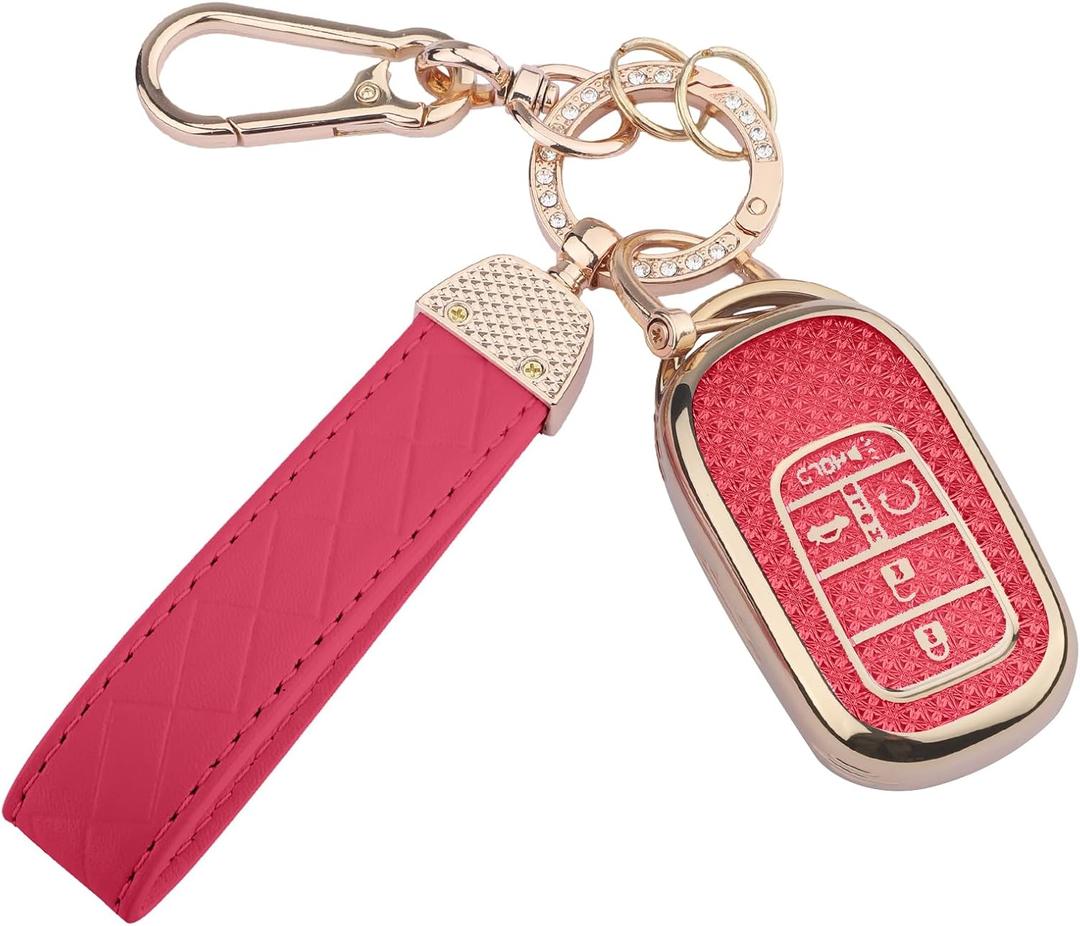 for Honda Key Fob Cover, Soft TPU Keys Protector Bling Key Fob Keychain for 2022 2023 Accord Civic HR-V CR-V Pilot Smart Key Case, Gold Red