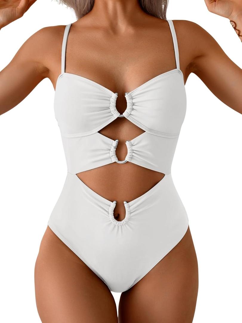 Eomenie Womens Cutout One Piece Swimsuit with Ring Linked Sexy Monokini Bathing Suit for Beach Vacation (White, XXL)