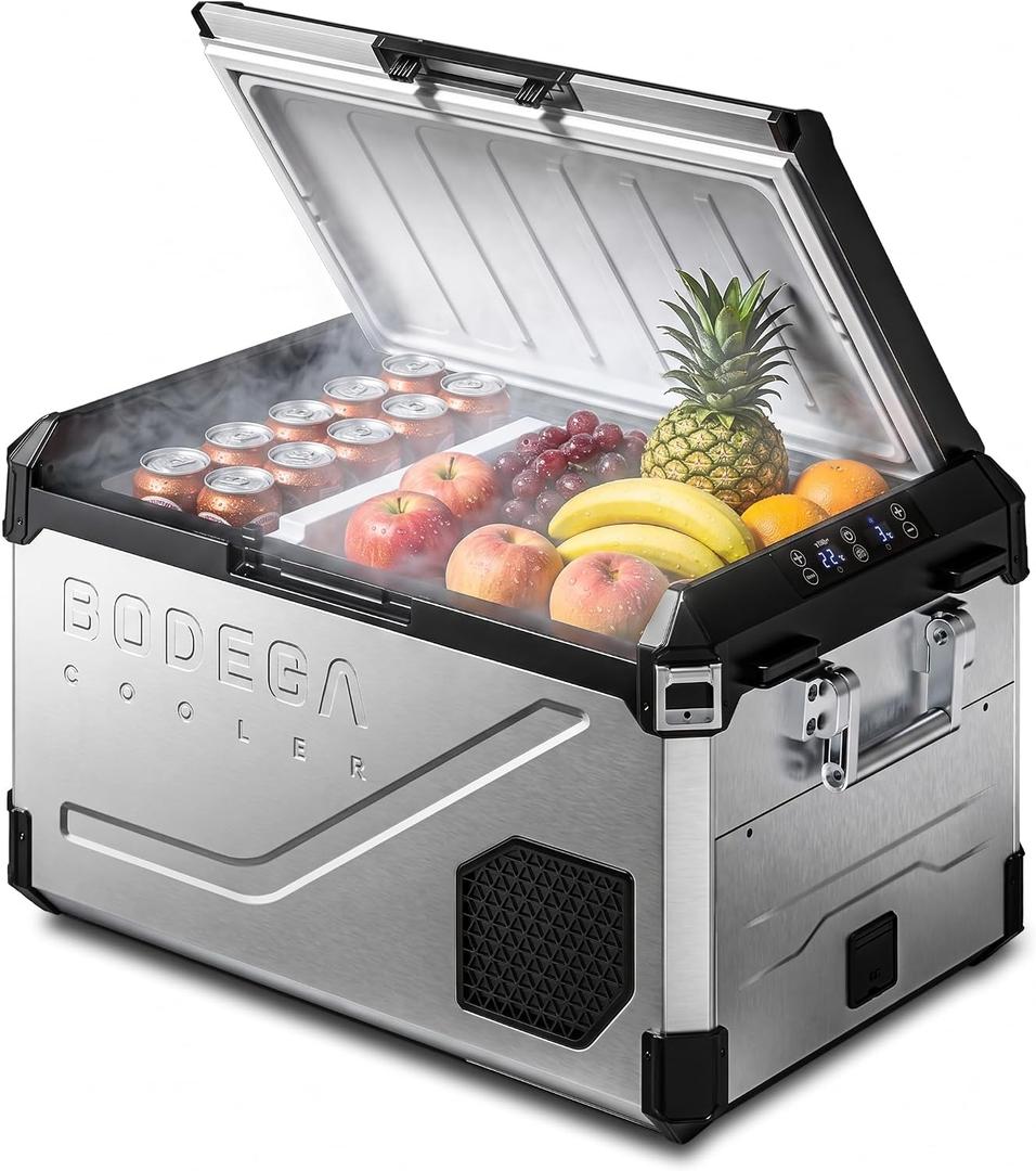 BODEGA Portable 12V Car Refrigerator, 47QT Stainless Steel Fridge with Removable Divider for Dual Zone MAX/ECO Modes & Battery Protection, Electric Cooler for RV, Truck, Camping